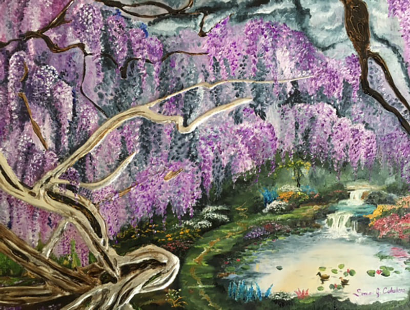 wisteria garden 2016 32cm x 41cm oil on wood canvas platinumjapanesetraditional lacquer.